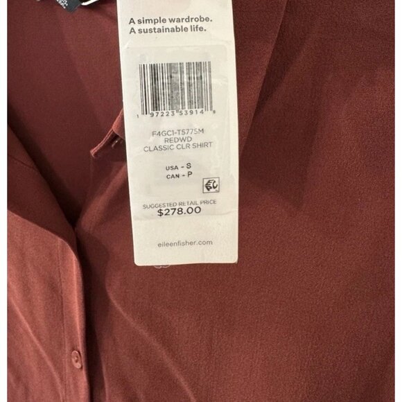 Eileen Fisher Small Redwood Silk Georgette Crepe Classic Collar Shirt NWT $278 - Picture 6 of 13